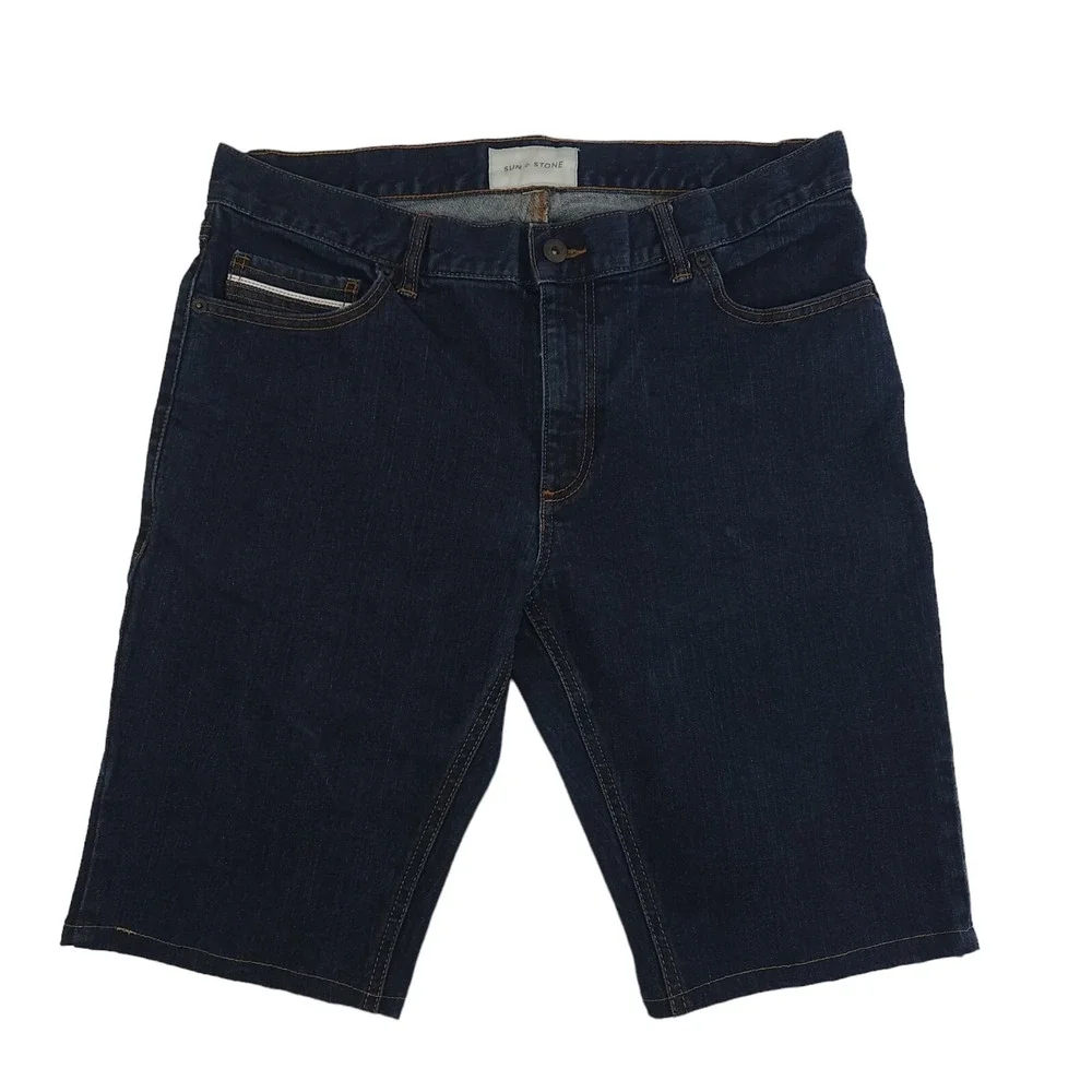 Sun + Stone Denim Shorts Mens 34‎ Blue Dark Wash Pockets Stretch Casual